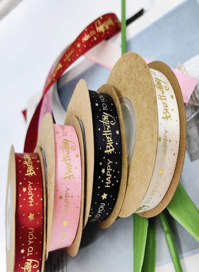 Wonesifee 4 Rolls Happy Birthday Ribbon Cake Decorations 5/8"/1.5cm Satin Gift Wrap Ribbons for Bouquet,Gold Stamping DIY Flower Birthday Wrapping,Craft Bow Making,Party Supplies 4colors 40yards/Pack - Image 3